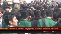 Students of Edward College protest against the principal in Peshawar.